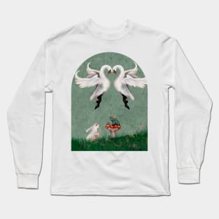 Fairytale Meeting A frog king and white rabbit meet in a spring meadow  with swans cottagecore watercolor Long Sleeve T-Shirt